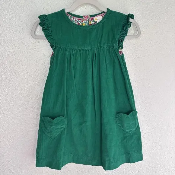 Mini Boden Dress Girls 7-8Y Corduroy Ruffle Sleeve Heart Pockets A-Line Green - Picture 1 of 10